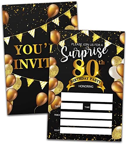 הפתעה הזמנות למסיבת יום הולדת 80 עם מעטפות | 4 x6 כרטיסי הזמנה ליום הולדת שחור וזהב | סגנון מילוי הקונפטי
